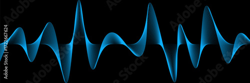 Abstract blue wavy lines of the sound wave. Dynamic gradient pulsating wave. Musical neon concept, symbols of the frequency of digital music. Vector illustration on a black background