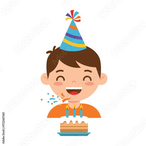 Joyful young boy celebrating birthday with cake and party hat.