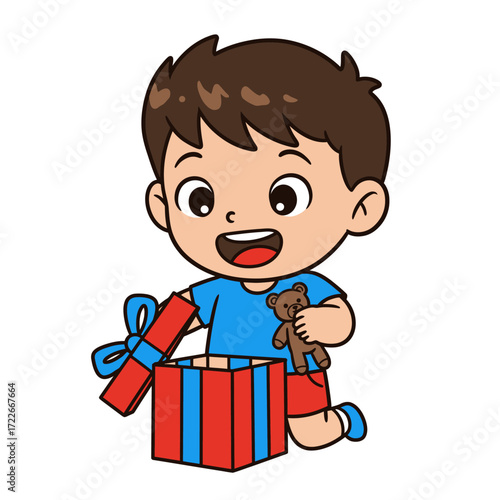 Joyful young boy with a happy expression unboxing a striped gift and holding a new teddy bear.