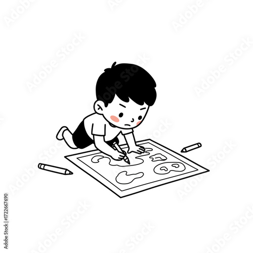 Kawaiistyle cartoon boy with rosy cheeks intently drawing on a large paper sheet.