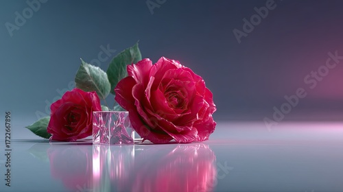 Elegant Rose Composition with Crystal Cube on Glossy Surface with Dark Background Cinematic Light