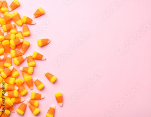 Pastel pink background with candy corn border. Cute pastel pink background with candy corn scattered on side, empty space for design, text, or mockup.