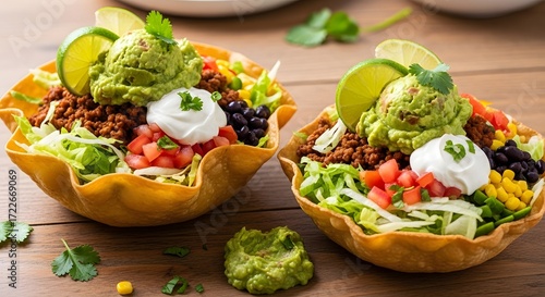 Two delicious taco salads served in crispy tortilla bowls, topped with guacamole, sour cream, pico de gallo, and fresh cilantro.
