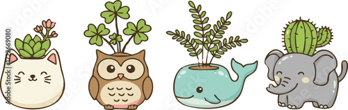 Cute animal shaped planters holding various plants sit in a row, creating a whimsical and charming botanical display with a playful and lighthearted mood.