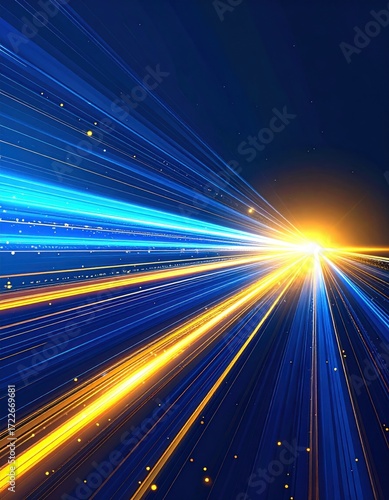 Abstract depiction featuring converging blue and gold light trails radiating from a bright central burst against a deep blue backdrop