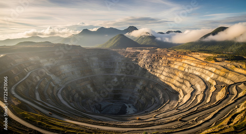 Vast open pit mine with layered excavation and distant mountains under sky
