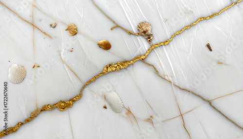 Elegant white marble with striking gold veining and seashells, perfect for adding a touch of modern luxury to your design projects, offering a sophisticated and versatile backdrop