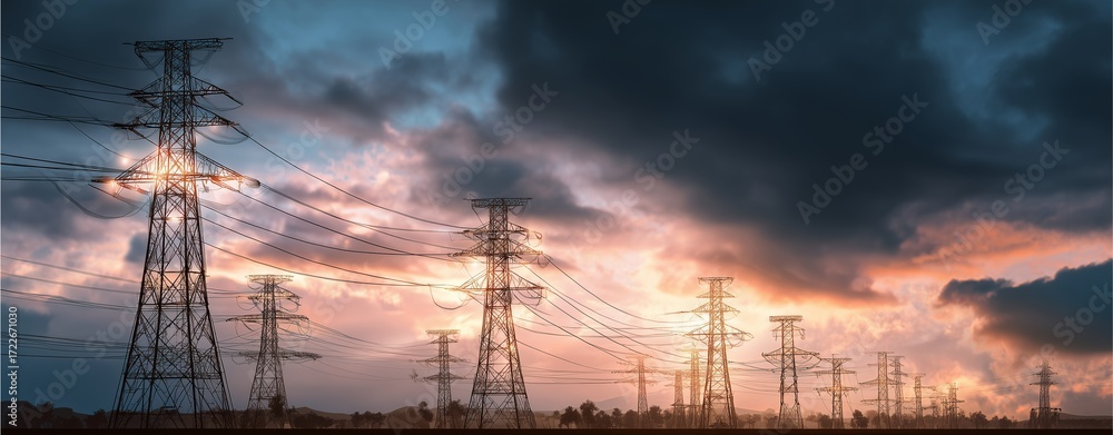 Fototapeta premium Electric Power Pylon Silhouette: The towering electric pylons, set against a dramatic sunset, symbolizes power, energy, and industry.