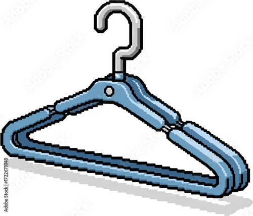 Pixelated illustration of a blue plastic clothes hanger with a metal hook, casting a shadow.