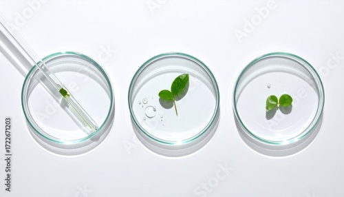 Three petri dishes hold successively smaller sprouts on a white surface, one with glass pipette. Simple scientific botanical setup
