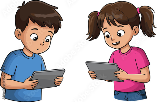 Cartoon boy and girl holding tablets, children using digital devices for learning, playing games, technology, online education, screen time illustration
