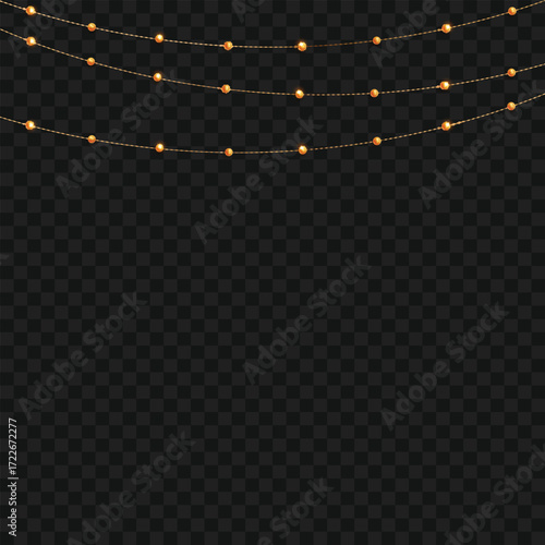 Realistic hanging gold bead garlands for festive decor. Vector