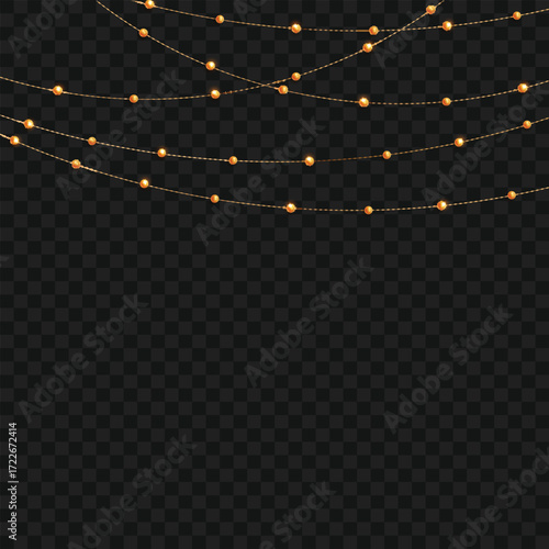 Realistic hanging gold bead garlands for festive decor. Vector
