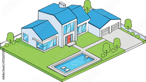 Modern house sits on a green lawn with a swimming pool and a garage, representing a luxurious and comfortable lifestyle in a suburban neighborhood.