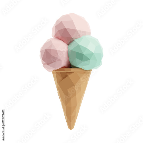 Vector art of low poly three scoops of ice cream in a cone