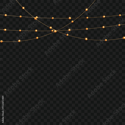 Realistic hanging gold bead garlands for festive decor. Vector
