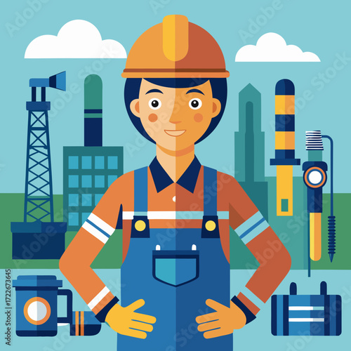 Confident construction worker standing with industrial background in modern flat style