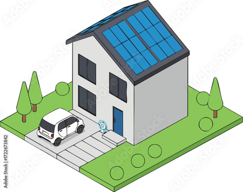 Modern house with solar panels charges electric car in driveway, promoting sustainable living and energy efficiency.