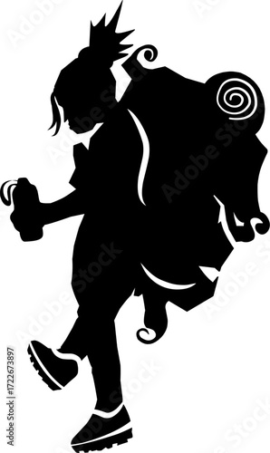 Stylized silhouette icon of a young boy on a hike, taking a quick break to inspect his gear.