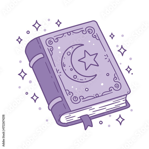 Vector art of a purple book with a moon and star on the cover, surrounded by stars