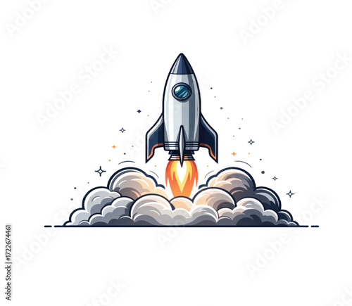 Bold rocket launch illustration soaring through clouds, embodying innovation, dreams, and cosmic adventures, perfect for tech, science, and creative projects