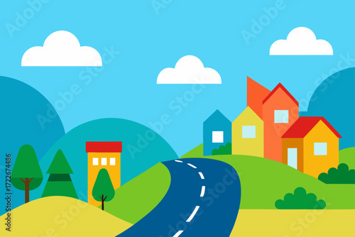 a paved road curves through a residential area und