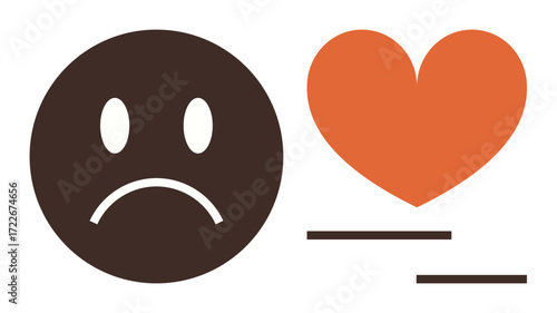 Sad face next to orange heart emphasizes contrast in emotions, feelings, and relationships. Ideal for mental health, empathy, support, kindness, compassion, emotional care simple flat metaphor