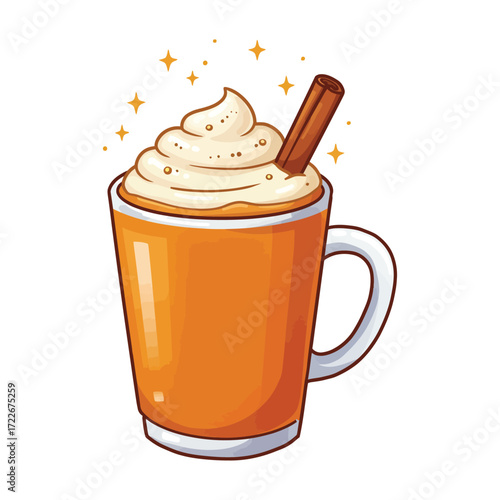Vector art of cute cartoon pumpkin spice latte with whipped cream and cinnamon stick