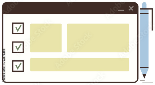 Task window with checklist, checkmarks, content placeholders, and pen indicating organization, workflow, and planning. Ideal for productivity, project management, organization workflow task