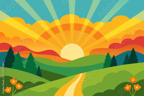 a vibrant sunrise illuminates a breathtaking lands