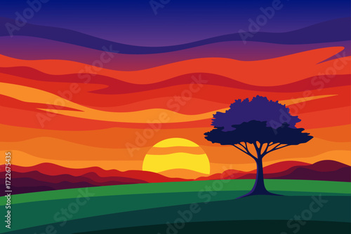 a vibrant sunset paints the sky with fiery oranges