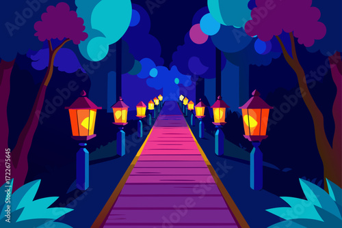 a wooden walkway lined with colorful lanterns crea