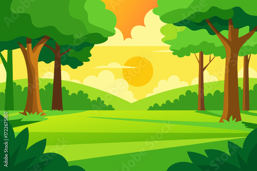 the image depicts a vibrant green lawn bathed in t