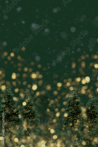 Festive dark green background with golden Christmas tree, glitter. Festive vertical banner for Christmas, horizontal banner, space for text.