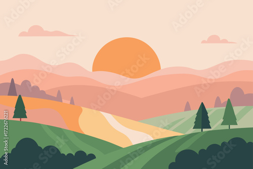 this image captures a serene sunrise over a rural 
