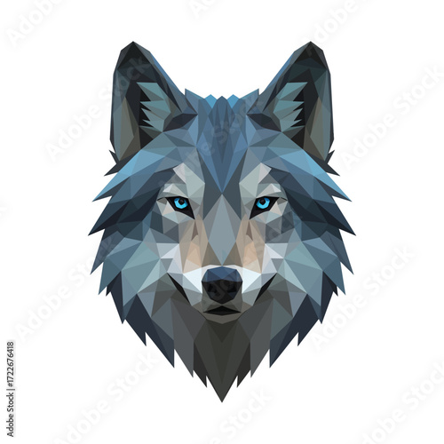 Vector art of geometric wolf head with piercing blue eyes