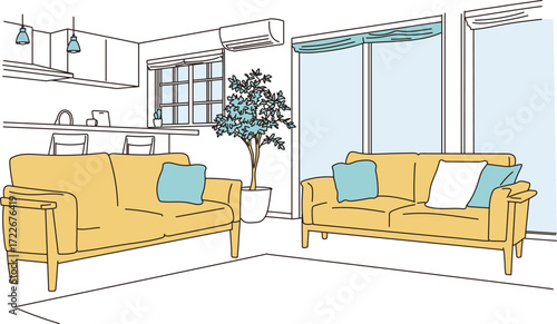 ソファーのあるリビングルームのシンプルイラスト