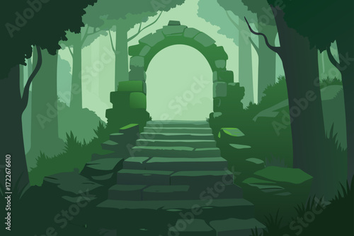 this image depicts an ancient  overgrown stone arc