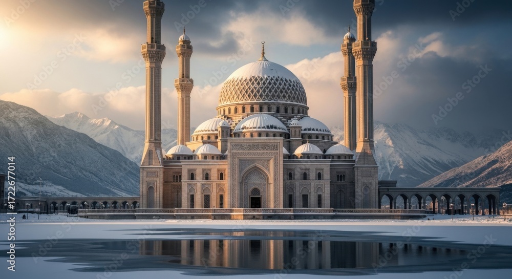 Obraz premium Majestic Mosque in a Winter Wonderland with Snow Covered Mountains