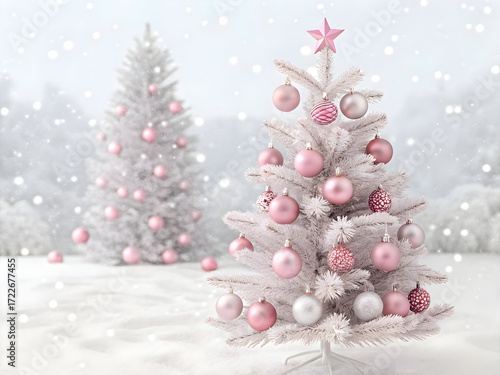 Wallpaper Mural White Christmas tree decorated with pink and silver ornaments in snowy winter scene Torontodigital.ca
