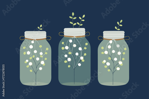 three clear mason jars  each filled with twinkling