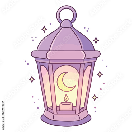 Vector art of a glowing purple lantern with a crescent moon and stars