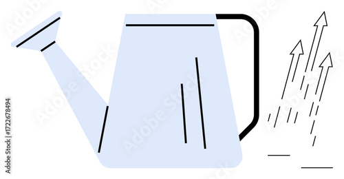 Watering can and upward-pointing arrows symbolize growth, nurturing, success, and progress. Ideal for growth mindset, progress, development, sustainability, productivity investment and fostering