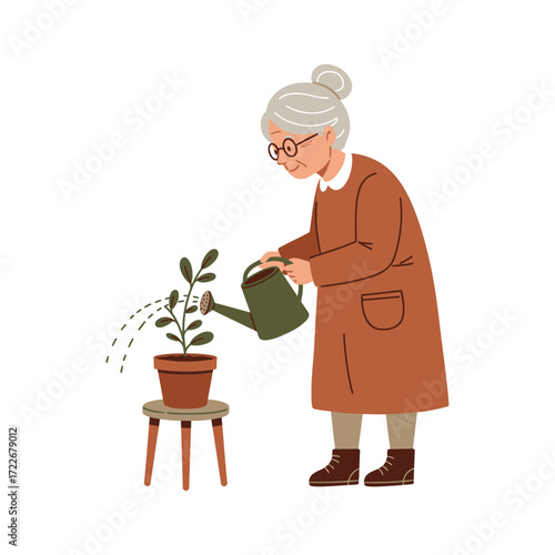Vector art of elderly woman watering a plant in a pot with a watering can