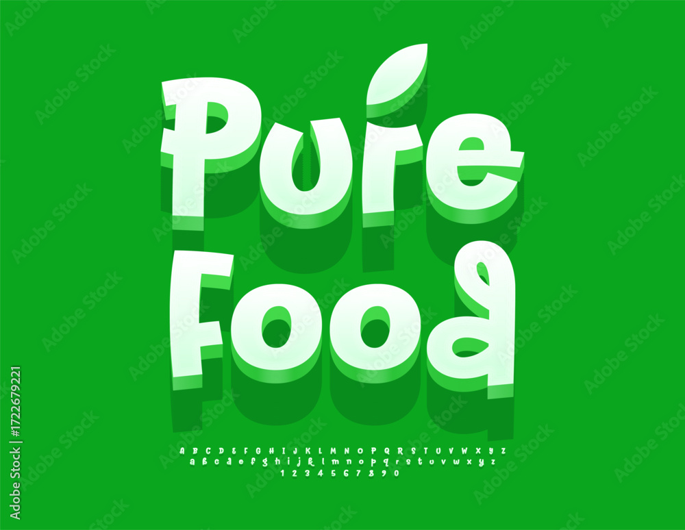 Fototapeta premium Vector Marketing banner Pure Food. Artistic White 3D Font. Decorative Alphabet Letters and Numbers set.