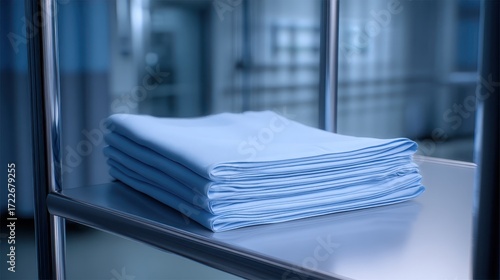 Neatly Folded Light Blue Sheets in a Medical Environment