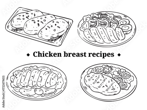 Set of chicken breast menu line art illustration