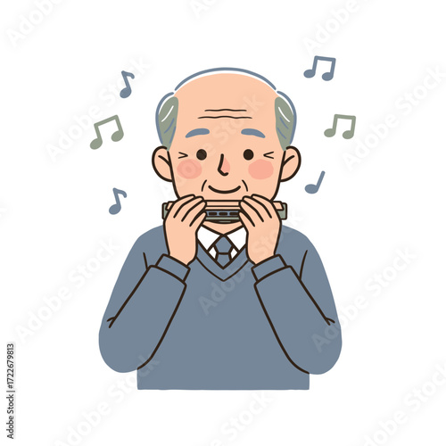 Vector art of elderly man playing a harmonica with musical notes floating around him