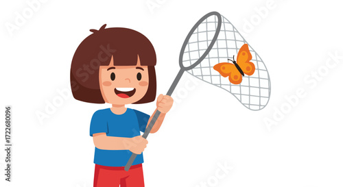 Cheerful young girl in a blue shirt and red shorts, holding a butterfly net with a colorful orange butterfly inside, depicted in a joyful cartoon illustration