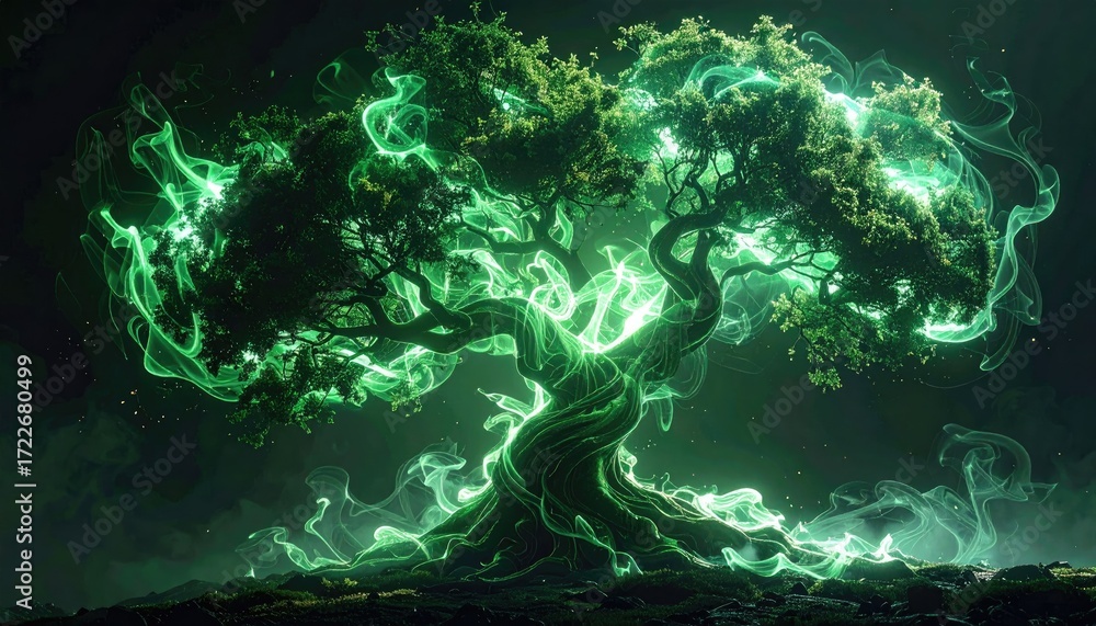 Fototapeta premium Glowing green tree, mystical vibes